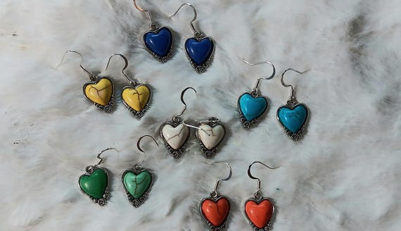 Southwestern Silver Drop Earrings Heart Shaped Veined Stone Variety of colors Gift Jewelry Native American inspired