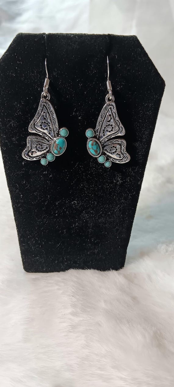 Silver Butterfly Drop Earrings Inlaid with Turquoise Stones Southwestern Theme Perfect Gift Idea nature inspired ear wire for pierced ears