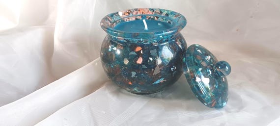 Hand Made Epoxy Resin Jar Candle, Organic Soy Wax Candle, Jar with Lid, Glass Chips Candle, Home Decor, Hand made candle with lid