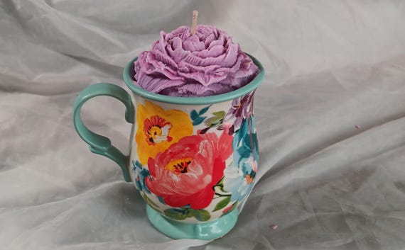 Coffee mug candle, coffee mug with flowers , candle with wax peony, flowery coffee cup candle, soy wax candle, reusable coffee cup candle.