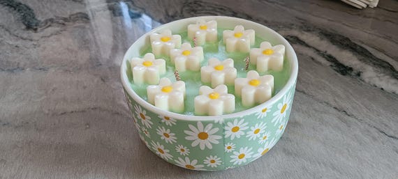 Decorative Candle Floral Bowl Candle Bowl with Daisies Wax Daisies 3 Cotton Wicks Mint Green Candle Unscented 100% soy wax great gift idea