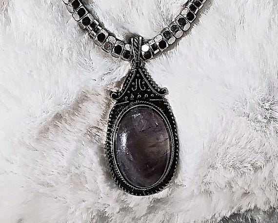 Dark Silver Framed Pendant Necklace, Purple Stone, translucent stone, Gothic Design, Silver Chain, 17 Inches, Lobster Claw Clasp with Extend