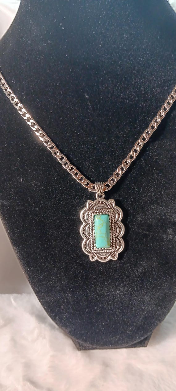 Turquoise Concho Necklace – Southwestern Pendant Jewelry – Silver Square Statement Necklace – Handmade Cowgirl Style Gift