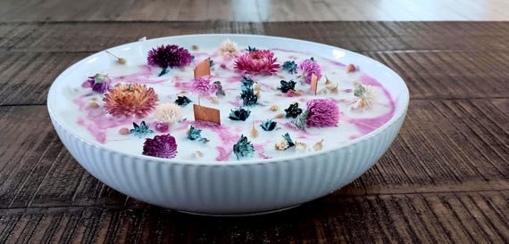 Large Bowl Candle Decorative Only Soy Wax Candle Dried Flowers Candle Centerpiece Natural Color Wax wood wicks for appearance marble effect