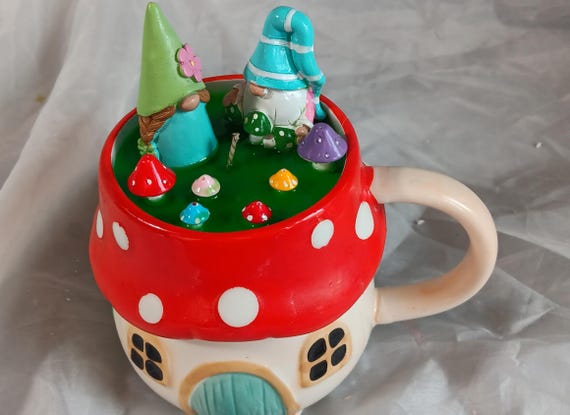 Gnomes Mushroom House Coffee Mug Candle, Miniature Mushrooms, Miniature male and female gnomes, Organic Soy Wax, Mushroom House Mug