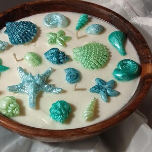 Seashells Wax Decorative Candle Ocean Inspired Coastal Candle Seaside Decor Hand Painted Seashells Wood Bowl Handmade Decorative Candle