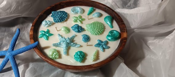 Seashells Wax Decorative Candle Ocean Inspired Coastal Candle Seaside Decor Hand Painted Seashells Wood Bowl Handmade Decorative Candle