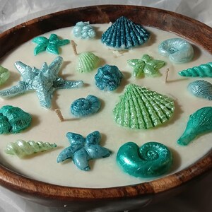 Decorative Ocean Theme Candle, Handmade Wood Bowl candle, Hand painted Seashells, Organic Soy Wax Candle,  Handmade Decorative Candle.