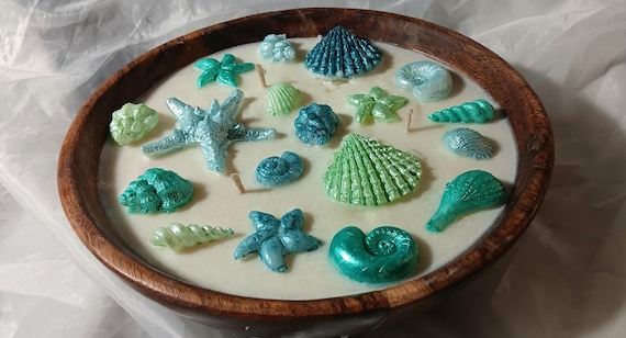 Decorative Ocean Theme Candle, Handmade Wood Bowl candle, Hand painted Seashells, Organic Soy Wax Candle,  Handmade Decorative Candle.