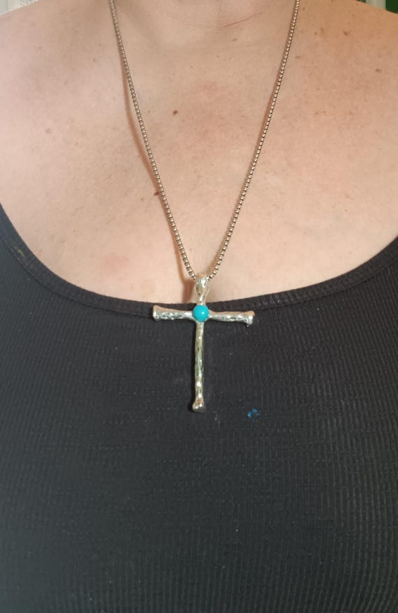 Silver Cross with Turquoise Necklace, Wooden Look Cross, Southwestern Style, Round Turquoise Stone, Silver Necklace