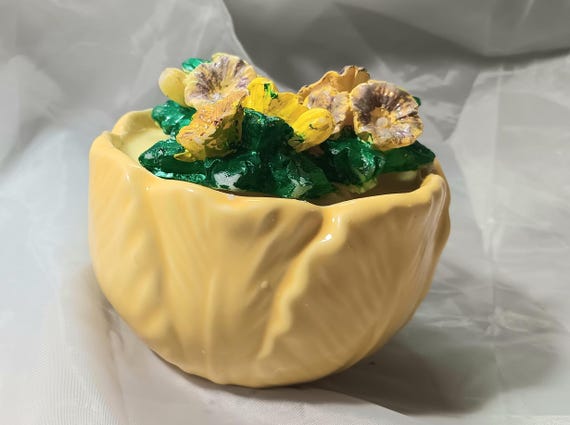 yellow tulip bowl candle, soy wax candle, hand painted wax morning glories, flower bowl candle, Bohemian style candle decorative bowl candle