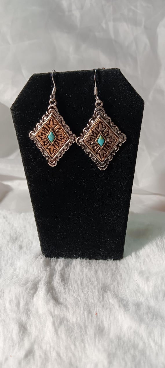 Silver Gold Inlay Drop Earrings Southwestern Theme Jewelry Diamond Shaped Turquoise Stone Cowgirl gift idea turquoise silver dangle earrings