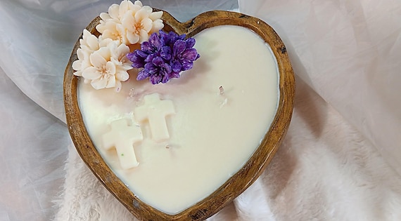 Decorative Floral Candle – Wax Cherry Blossoms & Crosses – Heart-Shaped Bowl – Handmade Soy Wax – Spiritual Home Decor Gift