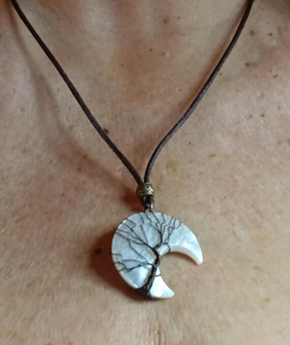 Bohemian jewelry, 1/2 moon pendant, boho 1/2 moon pendant necklace, wired tree of life, bronze leather cord necklace, Boho leather necklace