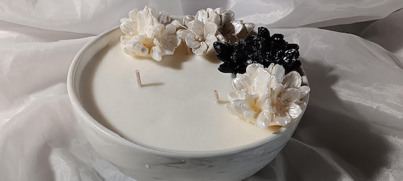 Natural Wax Color Decorative Candle, White Bowl Marbled with Black, Hand Painted Wax Cherry Blossoms, Unscented, handmade wax cherry blossom