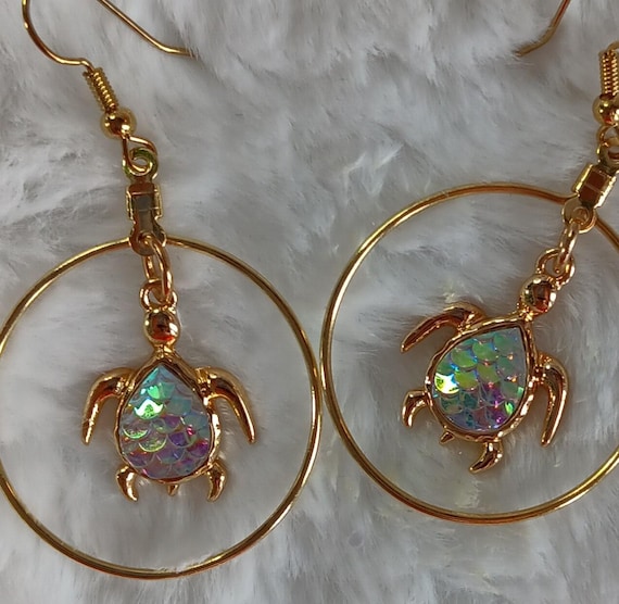 Gold sea turtle hoop earrings, sea turtle with iridescent mermaid scales hoop earrings, gold hoop earrings, mermaid scales.