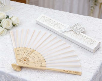 Abanicos de mano personalizados para bodas (en lote), abanicos plegables personalizados de seda y hueso de bambú (incluyen cajas de regalo), regalos de boda, regalos para damas de honor