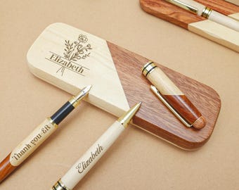 Gepersonaliseerde gegraveerde houten vulpen en balpennenset, gepersonaliseerde cadeaus voor jubilea, kantoorgebruik en bruiloften
