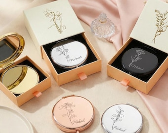 Custom Engraved Compact Mirror, Personalized Floral Pocket Mirror,Birthday Gift for Her, Travel Makeup Mirror