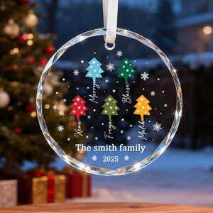 May include: A clear, circular Christmas bauble with a white ribbon. It displays colourful Christmas trees and snowflakes, with names and the text "The smith family 2025" printed on it. The bauble is suspended in front of a Christmas tree.