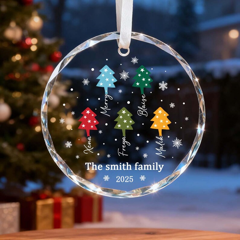 May include: A clear, circular Christmas bauble with a white ribbon. It displays colourful Christmas trees and snowflakes, with names and the text "The smith family 2025" printed on it. The bauble is suspended in front of a Christmas tree.