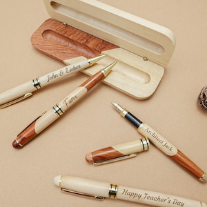 Engraved wooden ballpoint pens, fountain pens, wooden pen cases, engagement gifts, wedding gifts, custom engraved gifts, teacher gifts