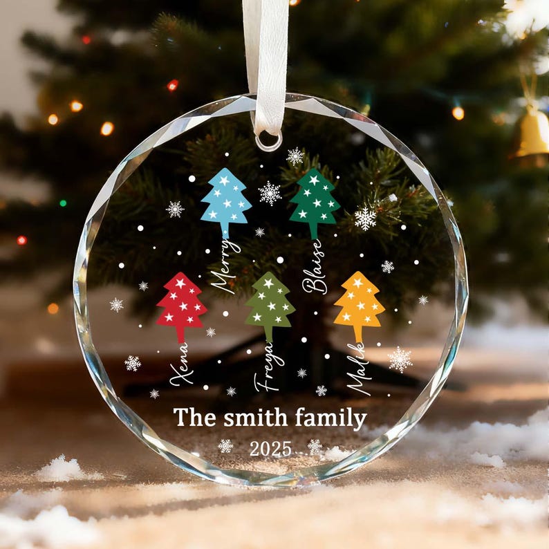 May include: A clear, round Christmas bauble with a white ribbon. It features colourful Christmas trees and snowflakes. The text includes family names and "The Smith family 2025".