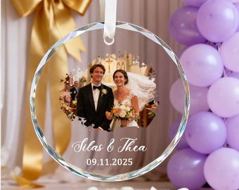 Personalized custom photo crystal ornaments, name and date commemorative,  gifts for couples, friends, family.