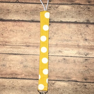 Pacifier Holder, Binky Holder, Pacifier Clip, Fabric Pacifier Clip, Reversible Pacifier Clip, Mustard Polka Dot