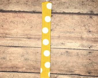 Pacifier Holder, Binky Holder, Pacifier Clip, Fabric Pacifier Clip, Reversible Pacifier Clip, Mustard Polka Dot