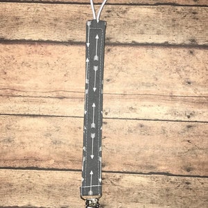 Pacifier Holder, Binky Holder, Pacifier Clip, Fabric Pacifier Clip, Reversible Pacifier Clip, Grey Arrows