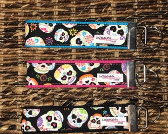 Key Chain, Key Fob, Wristlet Key Fob, Keyper, Wristlet, Sugar Skulls