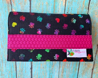 Fabric Checkbook Cover, Duplicate Checks, Pen holder, Paw print