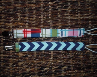 Pacifier Holder, Binky Holder, Pacifier Clip, Fabric Pacifier Clip, Reversible Pacifier Clip, Madras Navy Chevron