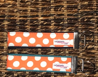 Key Chain, Key Fob, Wristlet Key Fob, Keyper, Wristlet, Orange Polka Dot