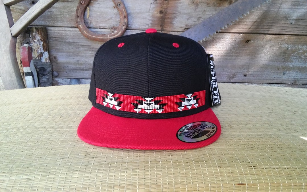 Native Beaded Baseball Cap. Hat Flat Bill. WOODPECKER. Basker Weave