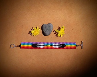 Two Spirit.  Gay Pride. Two Feathers. Loomed Beaded Bracelet.