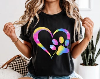 Tie Dye Paw Print Heart Shirt, Watercolor Dog Mom Gift, Colorful Pet Lover Tee, Cute Animal Rescue Apparel | Comfort Colors® T-Shirt