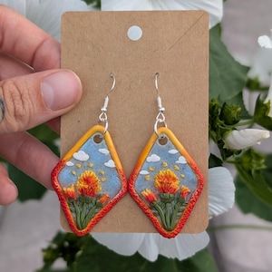 Sunset Wildflower Earrings • Handmade Polymer Clay Earrings • Cottagecore Floral Jewelry • Summer Garden Statement Earrings • Nature-Inspire