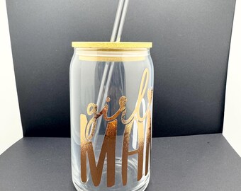 Girl Mom Glass Tumbler 16oz | Textured Vinyl Iced Coffee Cup with Bamboo Lid