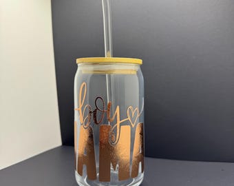 Boy Mom Glass Tumbler 16oz | Textured Vinyl Libbey Can Cup with Bamboo Lid