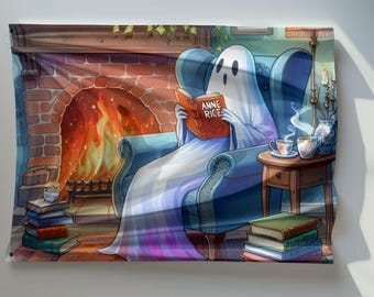 Cozy Ghost Reading Anne Rice Blanket,  Cozy Halloween Throw Blanket, Halloween Blanket,  Cute ghost blanket. Velveteen Plush Blanket