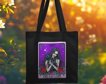The Cat Lady Tarot Card Tote Bag - Art Design with Pretty Zombie, Black Cat, Purple Moon & Stars, Red Roses | Cotton Canvas Tote Bag