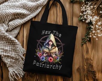 Hex the Patriarchy Tote Bag | Witchy floral Design, Feminist Tote, Gothic Aesthetic Witch Bag, Empowerment Bag | Cotton Canvas Tote Bag