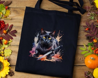 Stabby Kitty Tote, Halloween tote bag, Black cat, Halloween cat, Watercolor black Cat, | Cotton Canvas Tote Bag