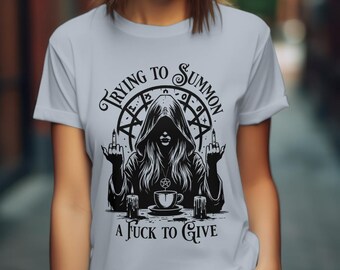 Trying to Summon a F**k to give t-shirt, Light version. Witch T-Shirt. | Pentagram, Coffee, Middle Finger, Unisex Jersey Short Sleeve Tee