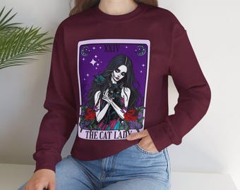 The Cat Lady Tarot Card sweatshirt - Art with Pretty Zombie, Black Cat, Purple Moon & Stars, Roses | Unisex Heavy Blend™ Crewneck Sweatshirt