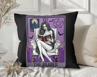 Throw Pillow - The Reader Tarot Card - Gothic Home Decor - Zombie Tarot Art, Goth Aesthetic. Witchy Decor | Spun Polyester Square Pillow