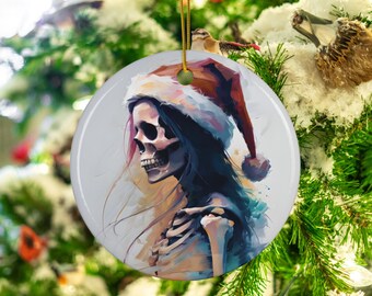 Lady Santa Skeleton Ornament - Female Skeleton with Flowing Hair & Santa Hat - Watercolor Christmas Ornament |  Ceramic Ornament, Round