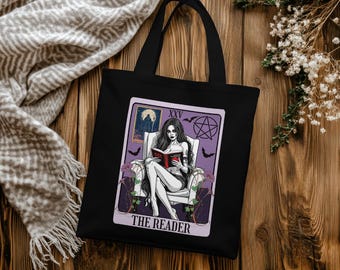 The Reader Tarot Card Tote Bag - Art Design with Pretty Zombie reading a book, Purple with Pentacle & Bats | Cotton Canvas Tote Bag